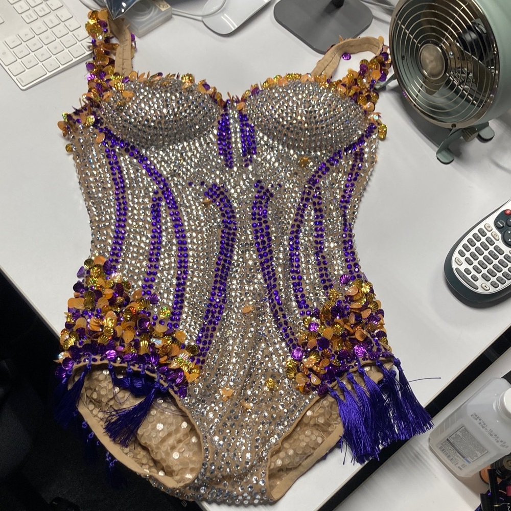 Embellished Beaded Bodysuit - Purple & Gold - Picture 7 of 14